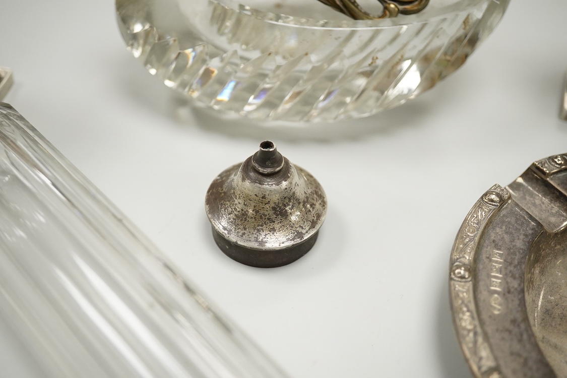 An Elizabeth II silver mounted vase with wavy border, Adie Brothers, Birmingham, 1955, weighted, 20.4cm, a silver mounted glass swan bonbon dish, a George V silver three piece condiment set, a silver mounted glass toilet